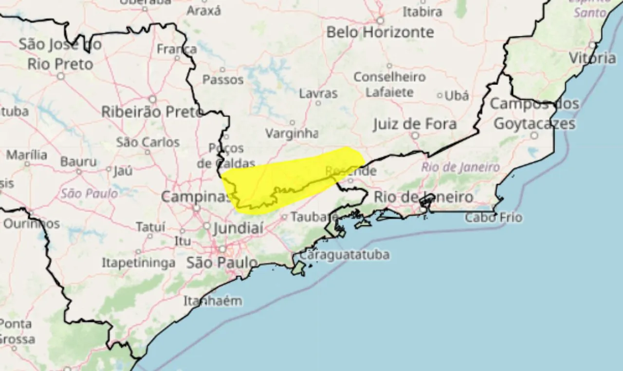 O mapa mostra as áreas em alerta amarelo para geada